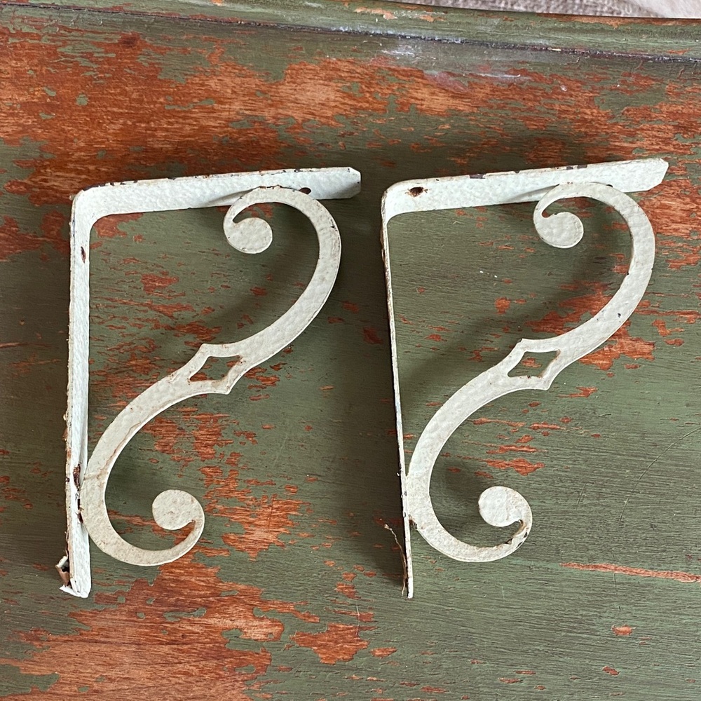 Vintage White Metal Scroll Shelf Brackets Pair Rustic Farmhouse Wall Brackets